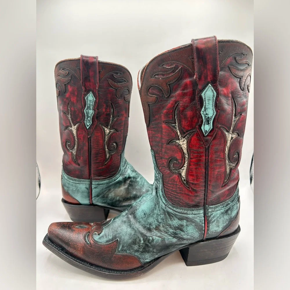 Lucchese Women’s Western Cowboy Boots Red Teal & Brown Distressed Leather Size 7 - Picture 13 of 17
